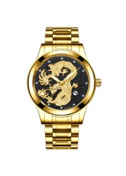 FNGEEN Mens Watches Luxury Brand Chinese Golden Dragon Quartz Watch Diamond Dial Stainless Steel Watch Male Relogio Masculin