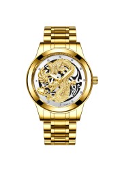 FNGEEN Mens Watches Luxury Brand Chinese Golden Dragon Quartz Watch Diamond Dial Stainless Steel Watch Male Relogio Masculin