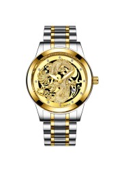 FNGEEN Mens Watches Luxury Brand Chinese Golden Dragon Quartz Watch Diamond Dial Stainless Steel Watch Male Relogio Masculin