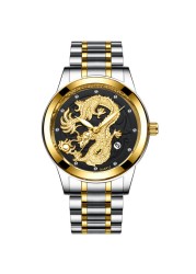 FNGEEN Mens Watches Luxury Brand Chinese Golden Dragon Quartz Watch Diamond Dial Stainless Steel Watch Male Relogio Masculin