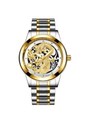 FNGEEN Mens Watches Luxury Brand Chinese Golden Dragon Quartz Watch Diamond Dial Stainless Steel Watch Male Relogio Masculin