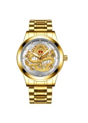 FNGEEN Mens Watches Luxury Brand Chinese Golden Dragon Quartz Watch Diamond Dial Stainless Steel Watch Male Relogio Masculin