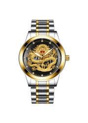 FNGEEN Mens Watches Luxury Brand Chinese Golden Dragon Quartz Watch Diamond Dial Stainless Steel Watch Male Relogio Masculin