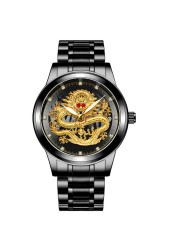 FNGEEN Mens Watches Luxury Brand Chinese Golden Dragon Quartz Watch Diamond Dial Stainless Steel Watch Male Relogio Masculin