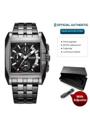 MEGIR Full Black Watches Men Luxury Chronograph Quartz Watch for Man Square Dial Luminous Wristwatch Relogios Relogios Reloj