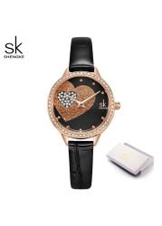 Quartz Watch for Women Luxury Fashion Leather Wristwatch Female Anniversary Gift Office Casual Shopping Rhinestone Heart Clock