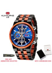 KUNHUANG Men Luxury Brand personality Sport Mens Watches Wooden Quartz Clock Men's Multifunction Wooden Watch Relogio masculino