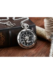 Retro Hand Wind Mechanical Luxury Steampunk Pocket Watch Hollow Silver Watches Roman Numerals Clock With Fob Chain Reloj Hombre