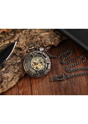 Hand Wind Mechanical Luxury Steampunk Pocket Watch Hollow Men Watches Roman Numeral Clock With Fob Chain With Box Reloj Hombre