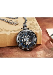 Hand Wind Mechanical Luxury Steampunk Pocket Watch Hollow Men Watches Roman Numeral Clock With Fob Chain With Box Reloj Hombre