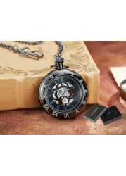 Hand Wind Mechanical Luxury Steampunk Pocket Watch Hollow Men Watches Roman Numeral Clock With Fob Chain With Box Reloj Hombre