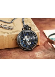 Hand Wind Mechanical Luxury Steampunk Pocket Watch Hollow Men Watches Roman Numeral Clock With Fob Chain With Box Reloj Hombre