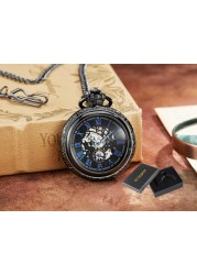 Hand Wind Mechanical Luxury Steampunk Pocket Watch Hollow Men Watches Roman Numeral Clock With Fob Chain With Box Reloj Hombre