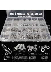 Total 400/650/1140/2100X M1.6 M2 M2.5 M3 M4 M5 304 Stainless Steel Hex Handle Hex Socket Cap Head Screw Bolt Nut Set Assortment Kit