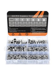 210pcs Stainless Steel Rivet Nut Set ,304 Flat Head Steel Rivet Nut Threaded Rivet Nut Insert Assorted Set