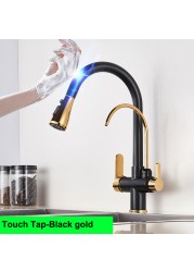 Gold Touch Filter Kitchen Mixer Tap Dual Handle Hot Cold Brass Kitchen Sink Faucets Smar Sensor Touch Pull Out Kitchen Faucets