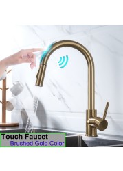 Gold Touch Filter Kitchen Mixer Tap Dual Handle Hot Cold Brass Kitchen Sink Faucets Smar Sensor Touch Pull Out Kitchen Faucets