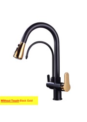 Gold Touch Filter Kitchen Mixer Tap Dual Handle Hot Cold Brass Kitchen Sink Faucets Smar Sensor Touch Pull Out Kitchen Faucets