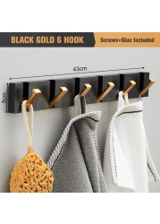 TAICUTE Folding Towel Hanger 2 Ways Fitting Wall Hooks Coat Clothes Rack for Bathroom Kitchen Bedroom Hallway, Black Gold