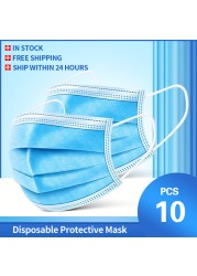 In Stock 10/100pcs Disposable Nonwoven Face Mask 3 Layers Anti Dust Respirator Mask With Elastic Ear Band For Adults