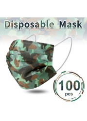 Camouflage disposable face mask 3 ply filter earbuds 100pcs protective face cover masque surgical mascarillas desechables