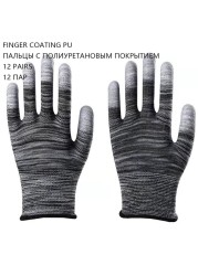 12 Pairs Anti-Static Cotton Work Gloves Thin Wear-Resistant Professional Mesh Construction Gloves PU Coated Anti-Slip Construction Gloves Woodworking Household Ladies Black