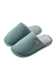 Men Slippers Solid Color Autumn And Winter Home Slippers For Men Warm Indoor Beadroom Slides Men Stripe Cotton Slippers