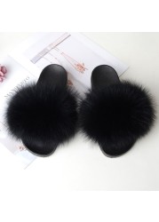 Genuine Fluffy Fur Slippers Women Summer Indoor Flip Flops Fur Sandals Slides Ladies Home Furry Plush Shoes Woman Fur Slides