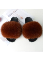 Genuine Fluffy Fur Slippers Women Summer Indoor Flip Flops Fur Sandals Slides Ladies Home Furry Plush Shoes Woman Fur Slides