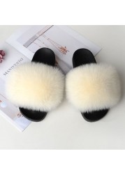 Genuine Fluffy Fur Slippers Women Summer Indoor Flip Flops Fur Sandals Slides Ladies Home Furry Plush Shoes Woman Fur Slides