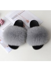 Genuine Fluffy Fur Slippers Women Summer Indoor Flip Flops Fur Sandals Slides Ladies Home Furry Plush Shoes Woman Fur Slides