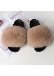 Genuine Fluffy Fur Slippers Women Summer Indoor Flip Flops Fur Sandals Slides Ladies Home Furry Plush Shoes Woman Fur Slides