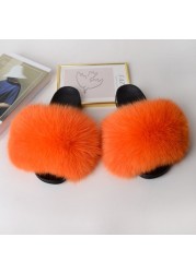 Genuine Fluffy Fur Slippers Women Summer Indoor Flip Flops Fur Sandals Slides Ladies Home Furry Plush Shoes Woman Fur Slides