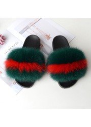 Genuine Fluffy Fur Slippers Women Summer Indoor Flip Flops Fur Sandals Slides Ladies Home Furry Plush Shoes Woman Fur Slides