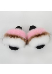 Genuine Fluffy Fur Slippers Women Summer Indoor Flip Flops Fur Sandals Slides Ladies Home Furry Plush Shoes Woman Fur Slides