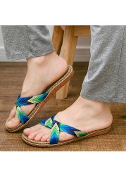 New Summer Linen Home Slippers Women 35-45 Plus Size Beach Flip Flops Non-slip Unisex Family Female Male Linen Slippers