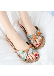 New Summer Linen Home Slippers Women 35-45 Plus Size Beach Flip Flops Non-slip Unisex Family Female Male Linen Slippers