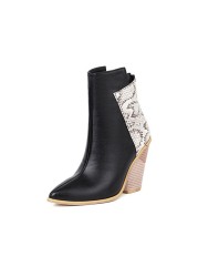 Colorblock Chunky Heel Ankle Boots PU Waterproof Women's Boots Pointed Toe Martin Boots Snake Print High Heel Shoes Fashion