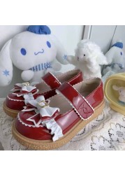 Summer 2022 Women's Shoes Red Mary Janes Girls Japanese Style Bow Lace Lolita Shoes Kawaii Loop Tie Sandals