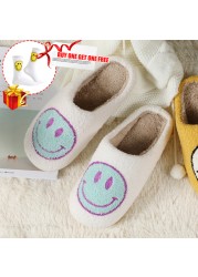 2021 new smiley face slippers women indoor slippers happy face slippers smiley face soft plush comfortable warm fluffy slippers for men