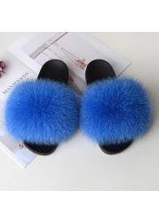 Women Summer Fluffy Fur Slippers Flat Non-slip Solid Real Furry Fur Slides Platform Shoes Plush Fur Sandals Flip Flops Women