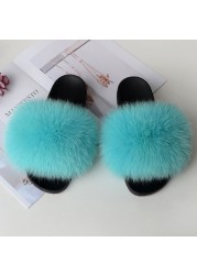 Women Summer Fluffy Fur Slippers Flat Non-slip Solid Real Furry Fur Slides Platform Shoes Plush Fur Sandals Flip Flops Women