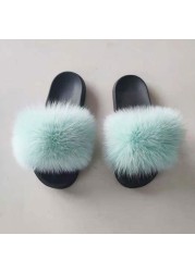 Women Summer Fluffy Fur Slippers Flat Non-slip Solid Real Furry Fur Slides Platform Shoes Plush Fur Sandals Flip Flops Women