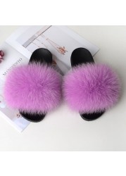 Women Summer Fluffy Fur Slippers Flat Non-slip Solid Real Furry Fur Slides Platform Shoes Plush Fur Sandals Flip Flops Women