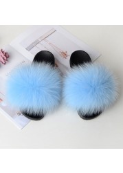 Women Summer Fluffy Fur Slippers Flat Non-slip Solid Real Furry Fur Slides Platform Shoes Plush Fur Sandals Flip Flops Women