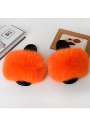 Women Summer Fluffy Fur Slippers Flat Non-slip Solid Real Furry Fur Slides Platform Shoes Plush Fur Sandals Flip Flops Women