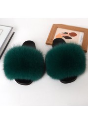 Women Summer Fluffy Fur Slippers Flat Non-slip Solid Real Furry Fur Slides Platform Shoes Plush Fur Sandals Flip Flops Women