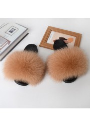 Women Summer Fluffy Fur Slippers Flat Non-slip Solid Real Furry Fur Slides Platform Shoes Plush Fur Sandals Flip Flops Women