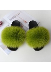 Women Summer Fluffy Fur Slippers Flat Non-slip Solid Real Furry Fur Slides Platform Shoes Plush Fur Sandals Flip Flops Women