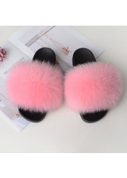 Women Summer Fluffy Fur Slippers Flat Non-slip Solid Real Furry Fur Slides Platform Shoes Plush Fur Sandals Flip Flops Women